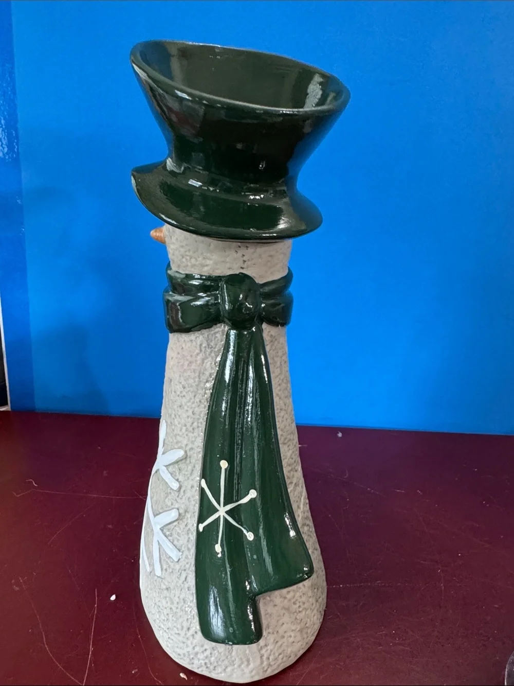 Vintage Ceramic Snowman Vase with Dark Green Hat & Scarf